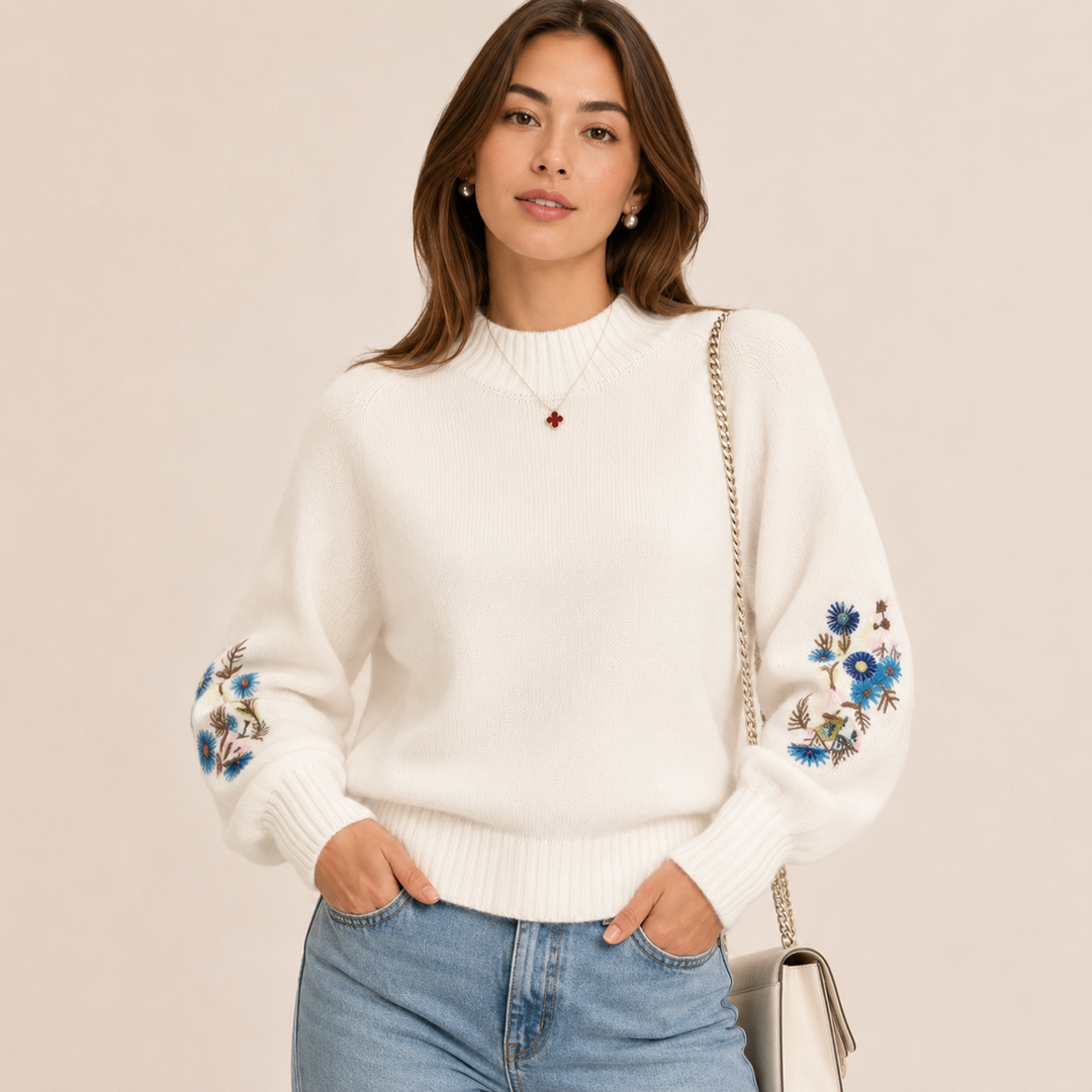 Floral | Suéter de cachemira de punto bordado con estampado floral